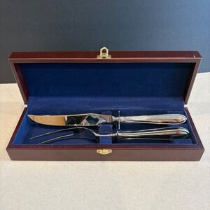 Hampton Silversmiths Stainless Steel Carving Knife &‎ Fork Set Wood Storage Box